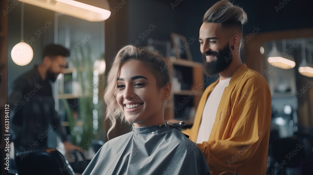 Proficient Male Barber Creating Trend-Setting Haircut in Futuristic Barber Shop. Generative AI. Proficient Male Barber Creating Trend-Setting Haircut in Futuristic Barber Shop. Generative AI.