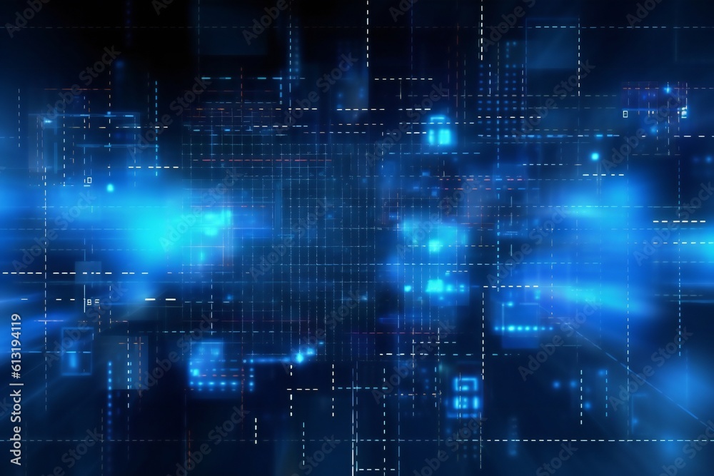 Blue data matrix simulation digital line and grid technology with futuristic HUD background Generative AI