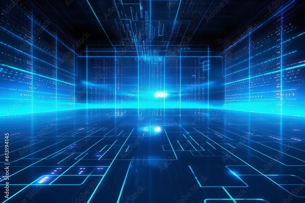 Blue data matrix simulation digital line and grid technology with futuristic HUD background Generative AI Blue data matrix simulation digital line and grid technology with futuristic HUD background Generative AI