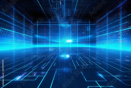 Blue data matrix simulation digital line and grid technology with futuristic HUD background Generative AI