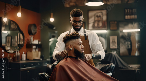 Proficient Male Barber Creating Trend-Setting Haircut in Futuristic Barber Shop. Generative AI.
