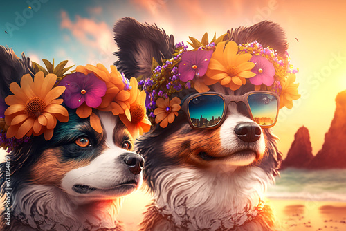 Two funny dogs wearing flower hats and sunglasses relaxing at the beach, generative AI photo