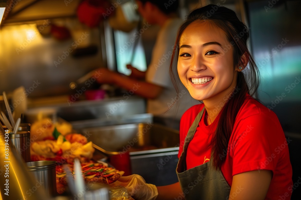 Energetic Food Truck Owner Preparing and Serving Sumptuous Street Food. Generative AI. Energetic Food Truck Owner Preparing and Serving Sumptuous Street Food. Generative AI.