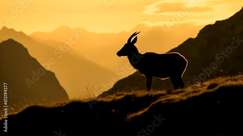 Silhouette of a mountain goat at sunset  generative AI.