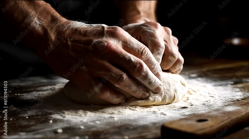 A man kneading dough on wooden table, generative AI.