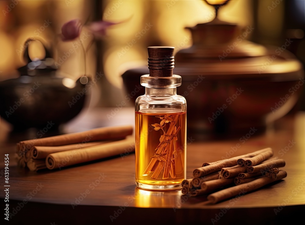 Aromatic homemade vanilla extract on wooden table, closeup. Space for text. Created with Generative AI technology. Aromatic homemade vanilla extract on wooden table, closeup. Space for text. Created with Generative AI technology.