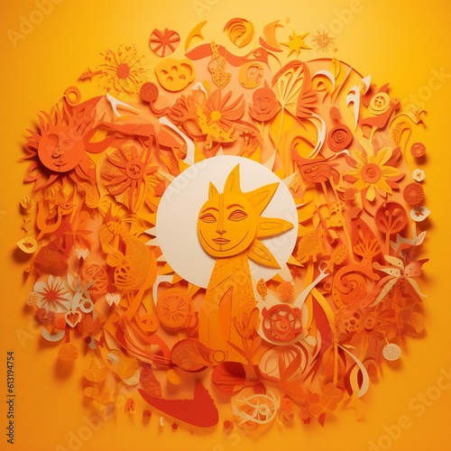 Paper Cutout of Sun Surrounded by Celestial Cutouts, Emphasizing Solar Energy