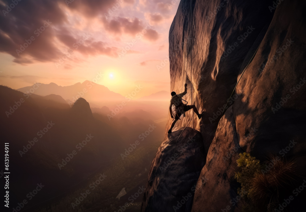 Silhouette climbing up man. Extreme sport sunset climber. Generative AI.