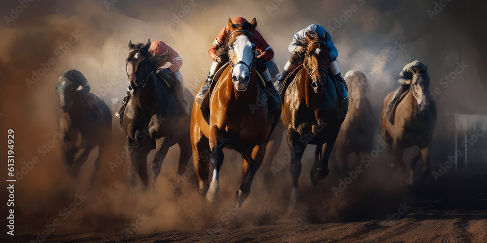 Naklejka premium Fast horse racing illustration. Jockey sports in speed. Generative AI.