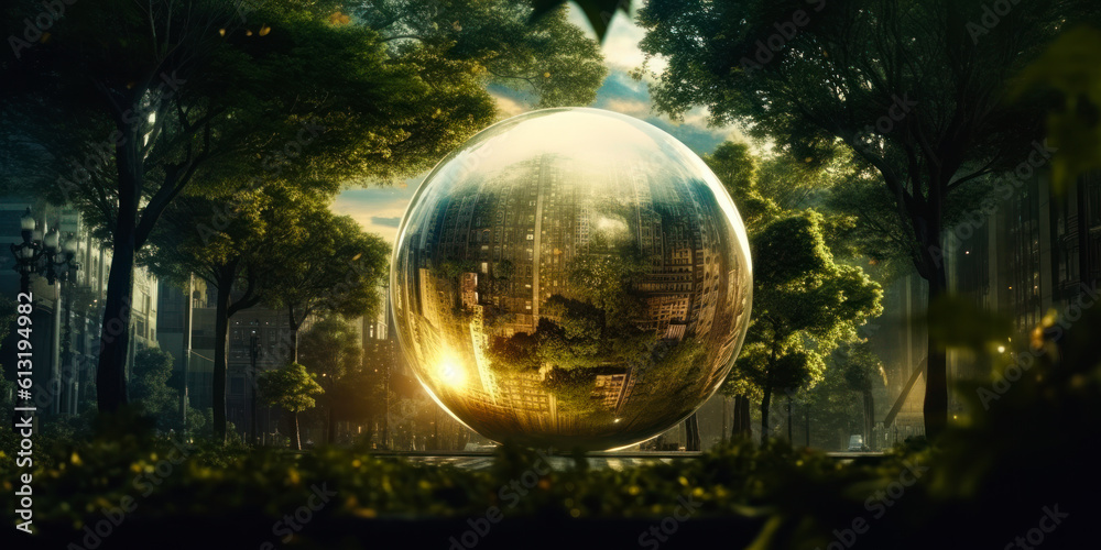 Spherical glass transparent ball. Glass globe futuristic shot. Generative AI.