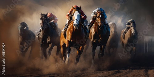 Fast horse racing illustration. Jockey sports in speed. Generative AI.