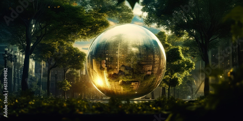 Spherical glass transparent ball. Glass globe futuristic shot. Generative AI.