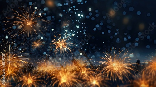 Glamorous Glittering Midnight Countdown: Exploring the Enchantment of New Year with Fireworks and Bokeh, Generative AI