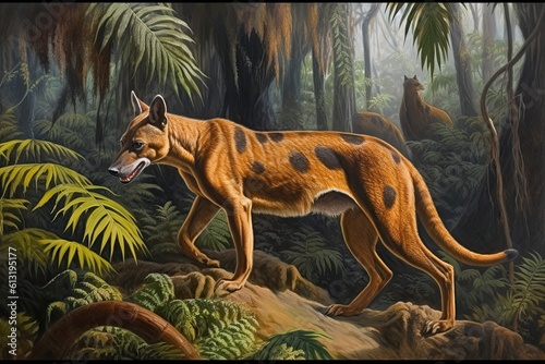 Nocturnal Hunter: The Extinct Tasmanian Tiger, a Large Carnivorous Marsupial, Generative AI photo