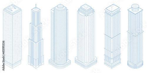 Isometric modern skyscraper outline, modern buildings on write background