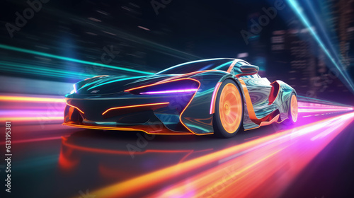 A cyberpunk sports car races on a neon highway, flaunting its commanding acceleration with a vivid display of colorful light trails