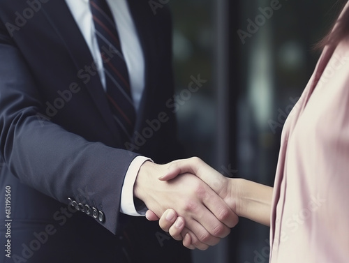 Erfolgreicher Geschäftsabschluss: Business-Handshake zwischen zwei stilvoll gekleideten Personen in Anzügen photo