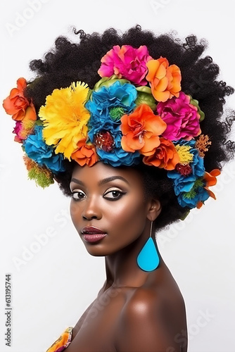 Portrait of young sensual african american woman with flowers in hair on white. Generative AI