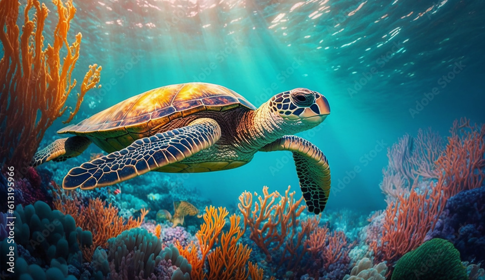 Obraz premium turtle life in the coral reef, animals of the underwater sea world, Generative AI
