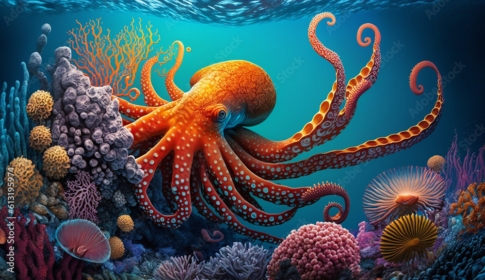 octopus in the coral reef, animals of the underwater sea world, Generative AI - obrazy, fototapety, plakaty 