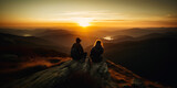 Adventure couple sit on mountain sunset. Young tourists looking at the horizon. Generative AI.