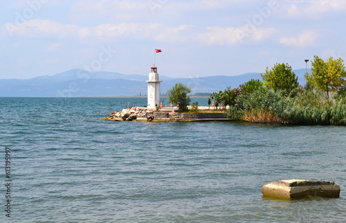 View of a lighthouse by Lake Iznik in Bursa, Turkey.