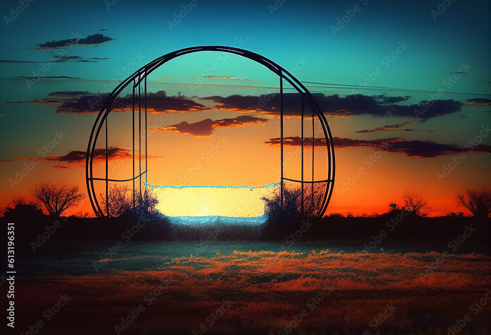 Arch stands in a field at sunset. AI Generated