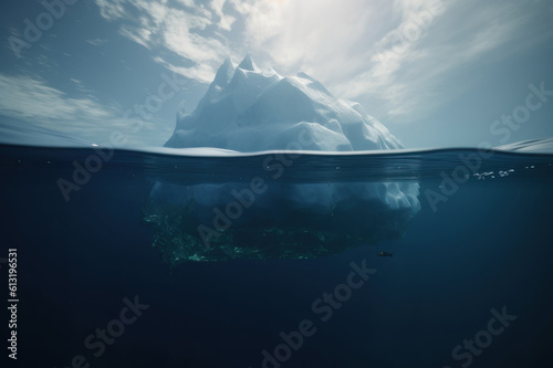 Iceberg in the ocean  surface and underwater. AI generative.