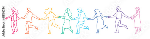 Running people holding hands.