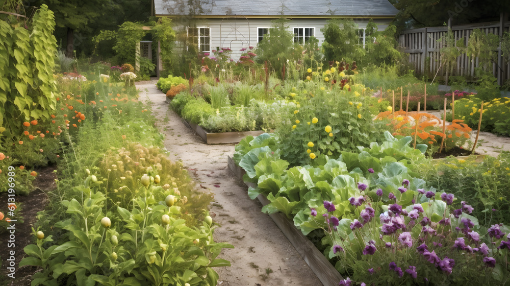 Fototapeta premium Get lost in the picturesque garden, where gardening enthusiasts cultivate a variety of vegetables with passion and precision. Generative AI