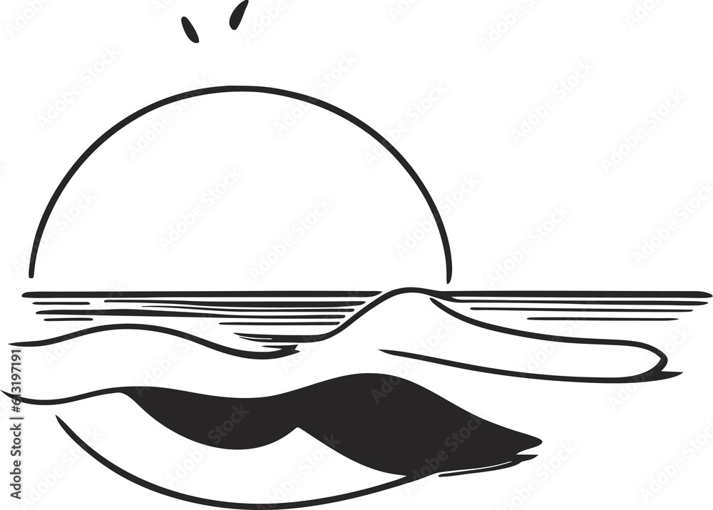 Clean and minimal line drawing of a serene seascape with flowing water patterns. Clean and minimal line drawing of a serene seascape with flowing water patterns.