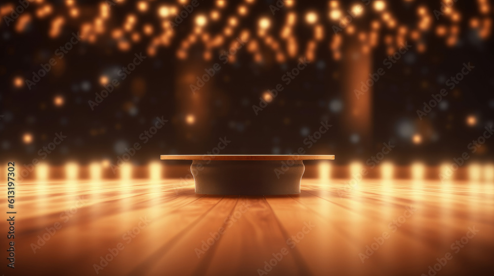  Product backdrop mockup background. Wooden table podium to show off your product / item. Sparking lights like stars in the background with particles falling on the table.
