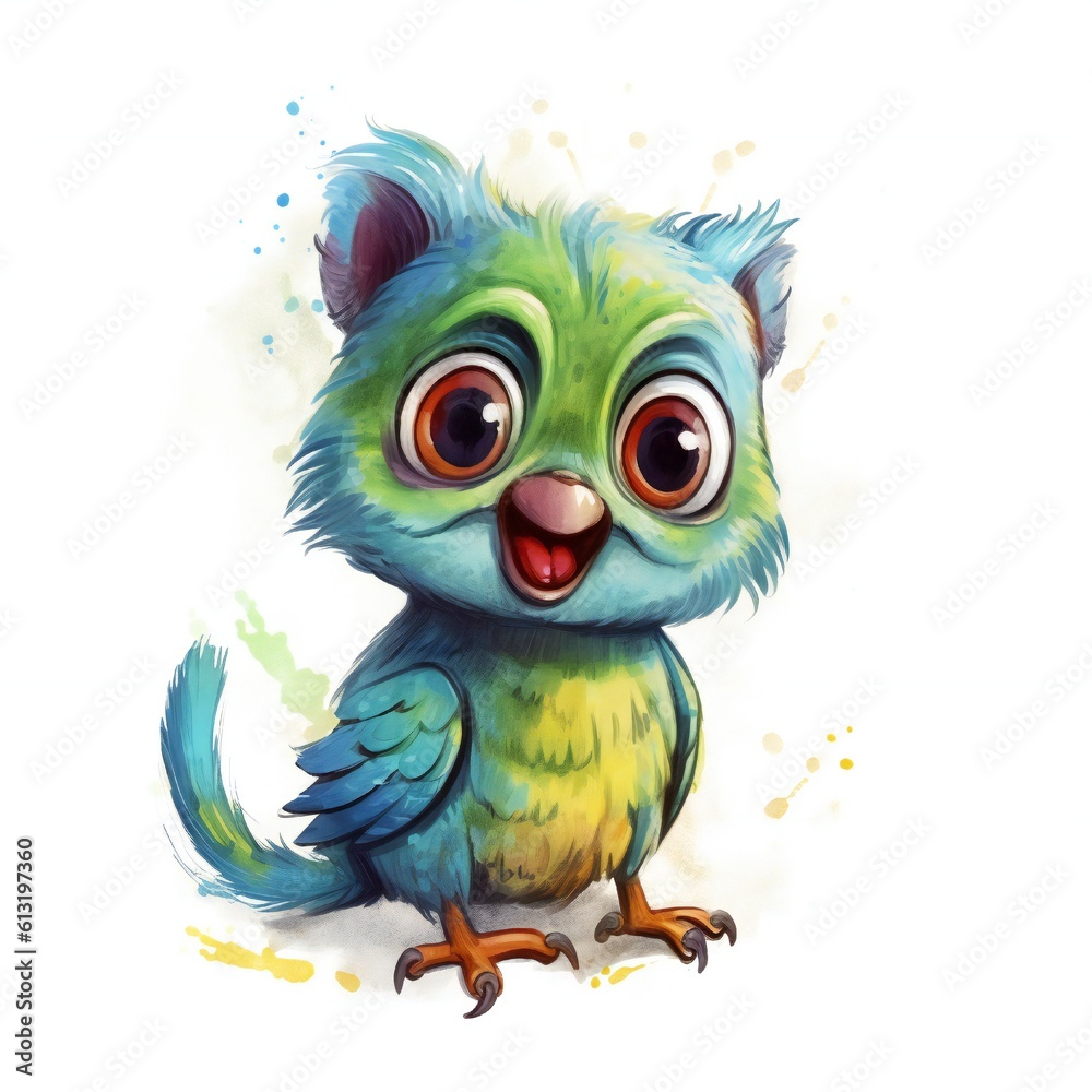 Fototapeta premium Cat parrot cartoon with smile and big eyes on white background Generative AI
