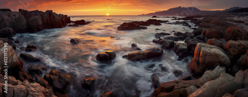 Beautiful seascape at sunset. Long exposure shot. Seascape with rocks and waves. Generative AI