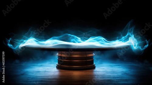  Fantasy product backdrop mockup background. Wooden table podium to show off your product / item. Electrical energy and lightning in the background with waves of energy forming on the table.