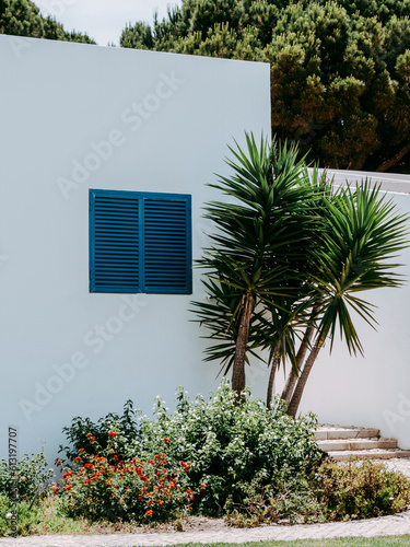 Wooden blue wood shutters on white house and flower bed in front of the house
