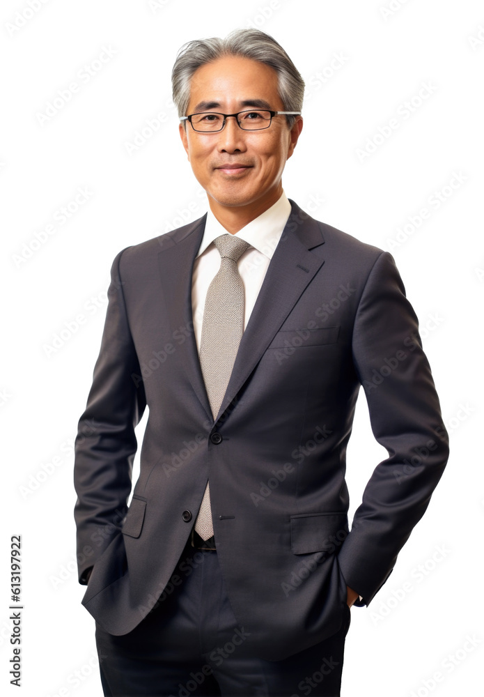 Middle-aged Asian businessman, a successful director portrait. Isolated on transparent white background. Generative AI Middle-aged Asian businessman, a successful director portrait. Isolated on transparent white background. Generative AI