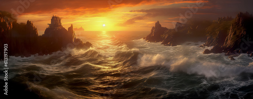 Beautiful seascape at sunset. Long exposure shot. Seascape with rocks and waves. Generative AI