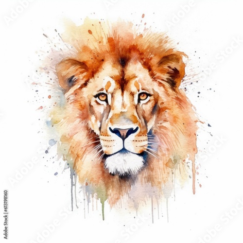 Watercolor creative painting of a lion head in a white background Generative AI Illustration