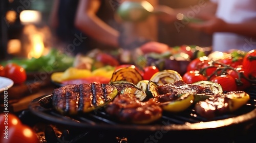 AI-rendered BBQ party scene, people blurred, focus on grilling food