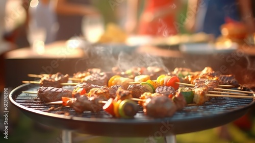 AI-created image of BBQ with friends, focus on grilling meat and veggies