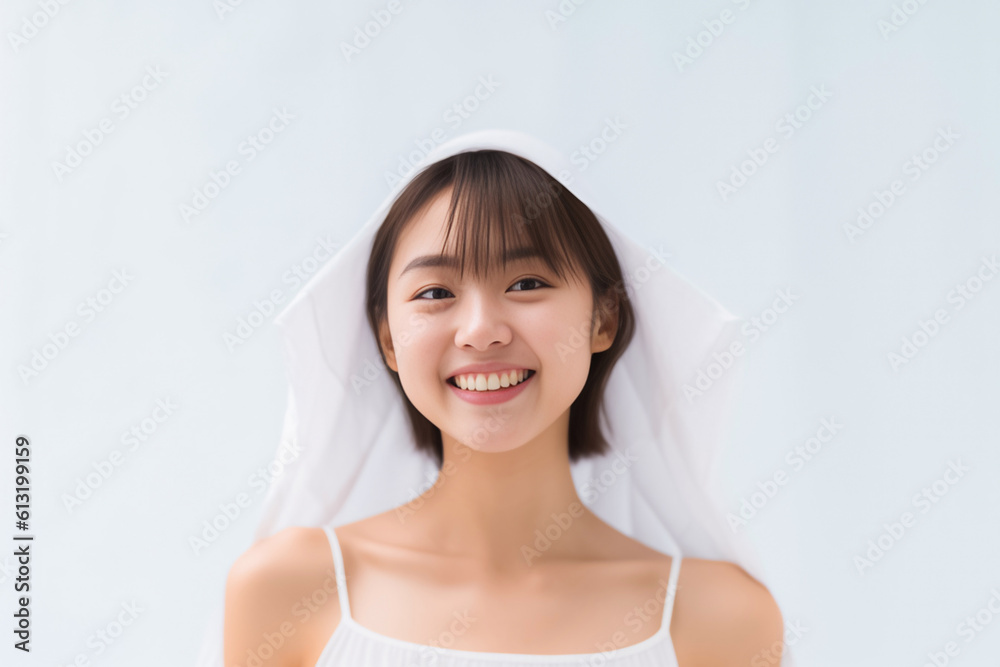 Freshly showered Asian woman smiles at the camera with a towel wrapped around her hair against a white background. generative AI Freshly showered Asian woman smiles at the camera with a towel wrapped around her hair against a white background. generative AI