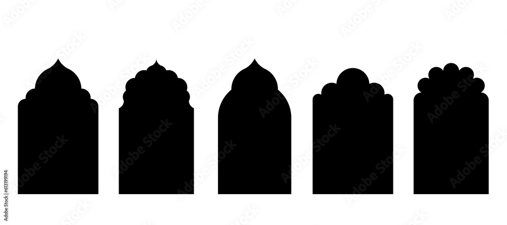 Islamic shape of door archs. Set of oriental style arabic doors and windows. Arabian shape arch. Design element for islamic design, label, banner. Ramadan kareem. Vector flat illustration