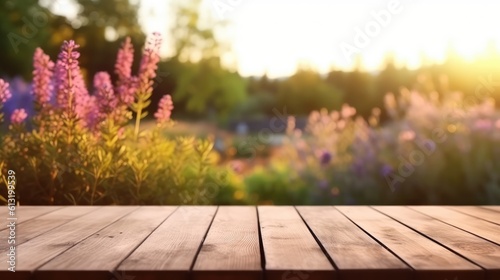 AI created image of wooden table with blurred floral field background