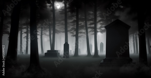An old cemetery in a fog in a dark forest. Generative AI