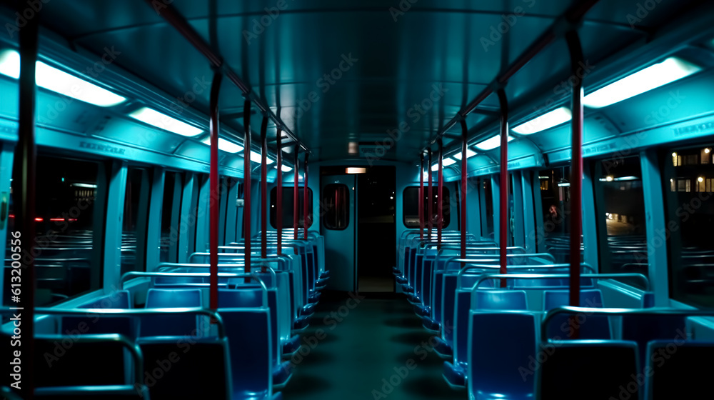 Fototapeta premium Empty interior of public transport at night, generative AI.