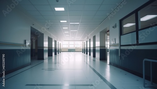 Empty corridor in modern hospital with information counter and hospital bed in rooms.3d rendering