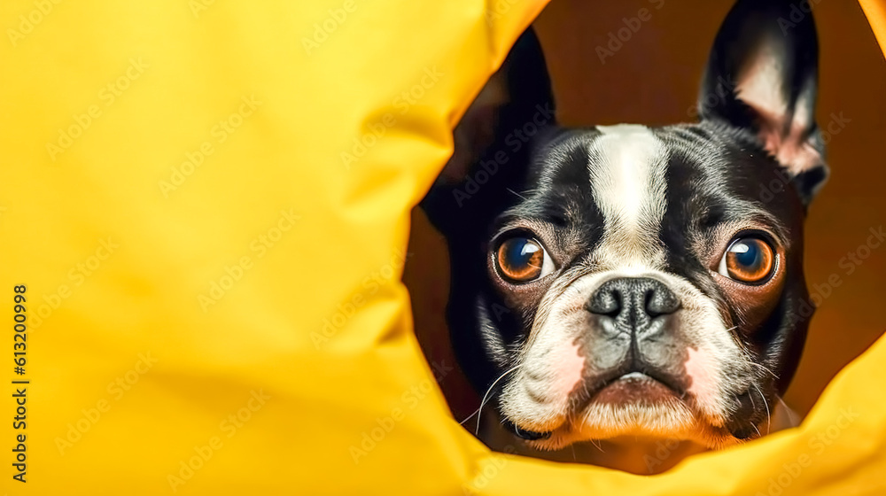 Portrait of French Bulldogs on a yellow background, generative AI. Portrait of French Bulldogs on a yellow background, generative AI.