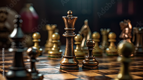 Illustration of a wooden chessboard for World Chess Day. Dark background, with a short focal length.