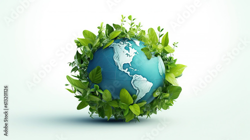 Earth day / World Environment day 3D background. Illustration has light blue globe with greenery, leaves. For eco friendly, environmental, pro environment background.